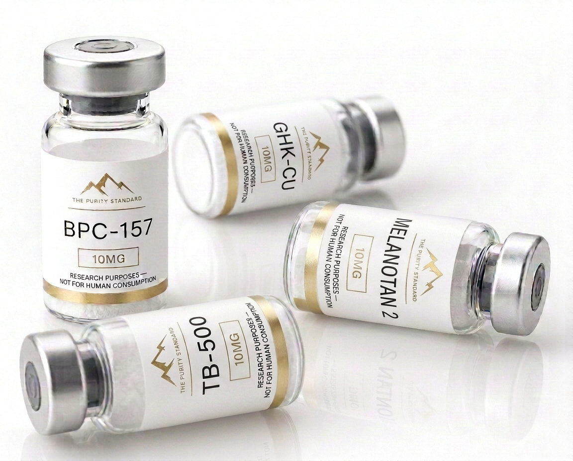 The Purity Standard research peptide vials — BPC-157, GHK-Cu, Melanotan 2 and TB-500